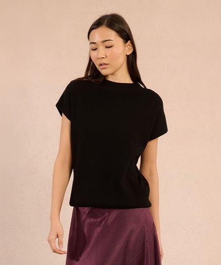 Ribbed Knit Cap Sleeve Top - Black