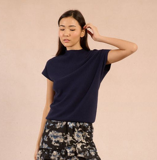 Ribbed Knit Cap Sleeve Top - Navy