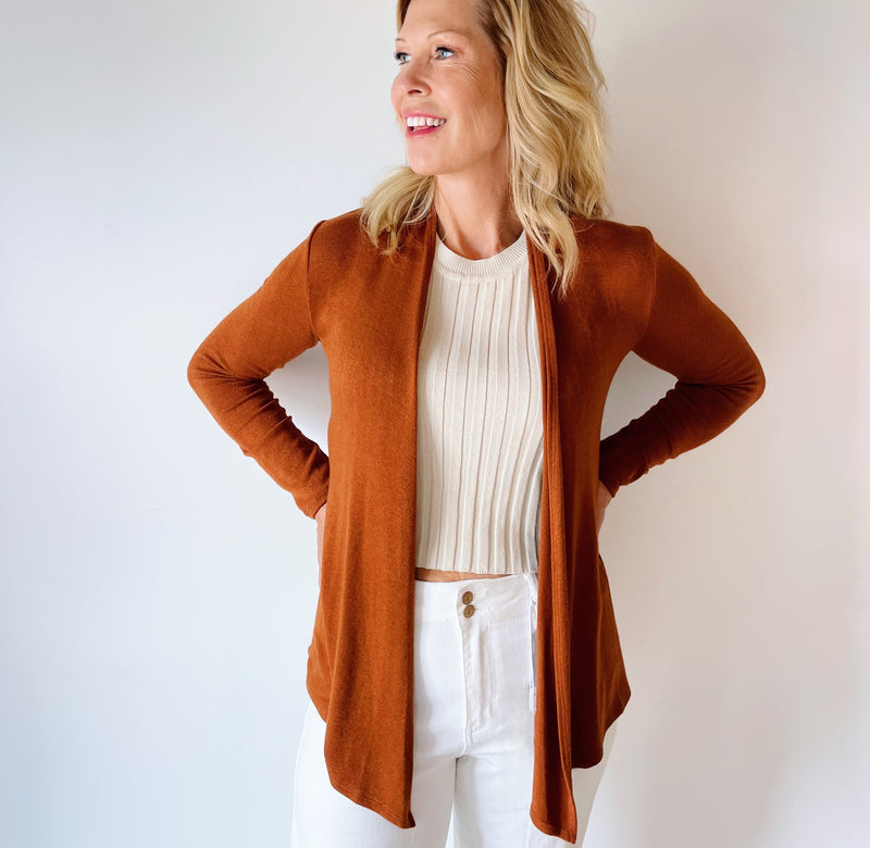 Open Front Long Cardigan - Brick
