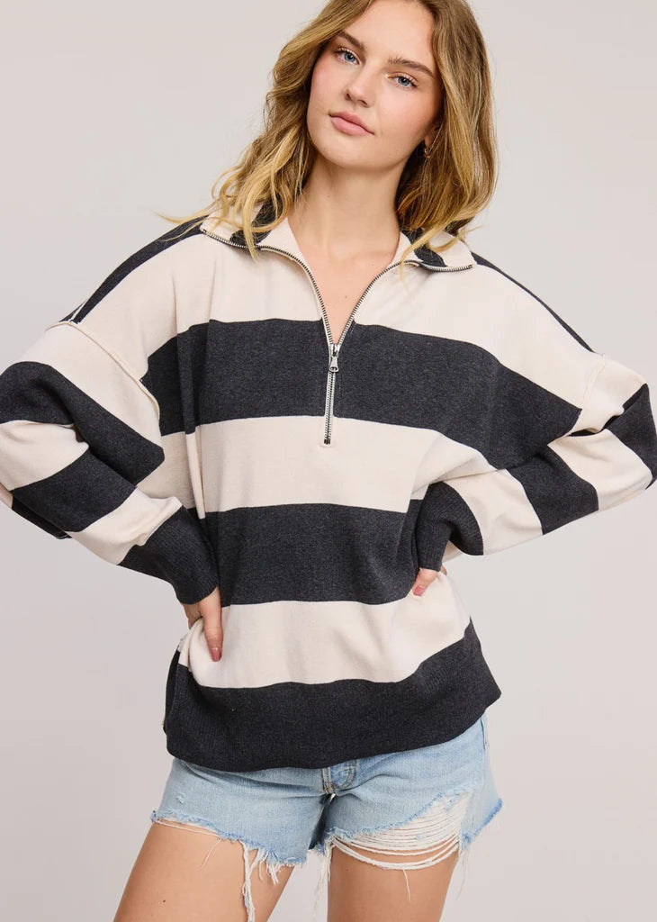 Half Zip Stripe Sweater - Charcoal/Cream