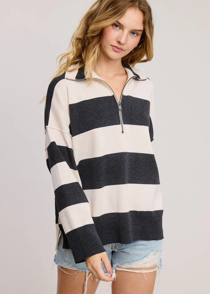 Half Zip Stripe Sweater - Charcoal/Cream