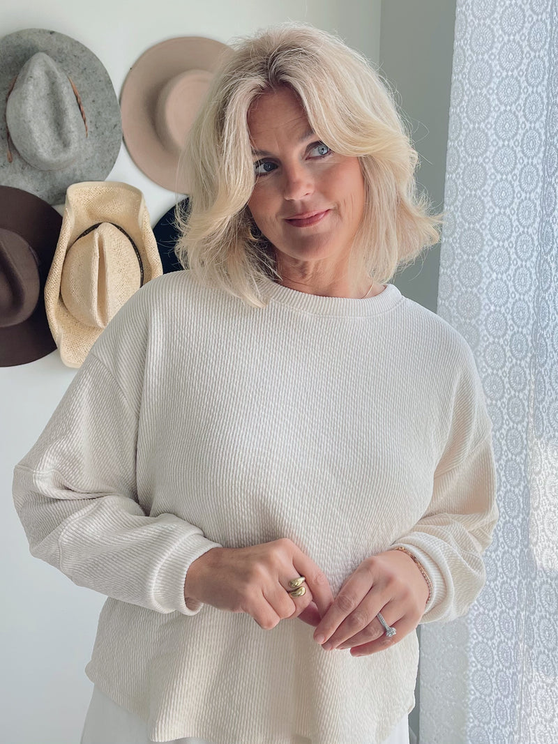 Corded Ribbed Round Neck Top - Cream