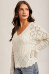 Crochet V-Neck Cropped Sweater - White