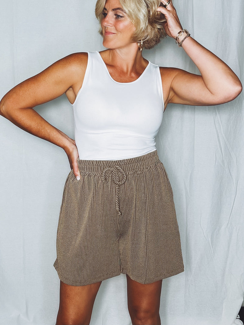 Drawstring Ribbed Shorts - Chestnut