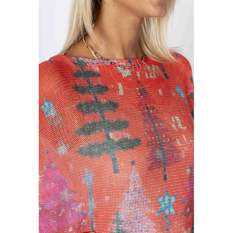 Dolman Sleeve Star Tree Knit Top - Red