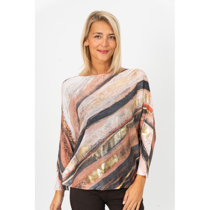 Dolman Sleeve Abstract Print Top - Cream/Blk