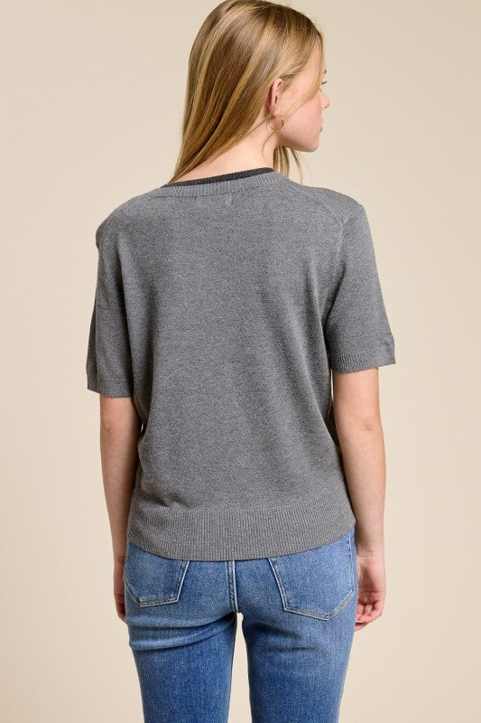 Double Collar Top - Charcoal/Black