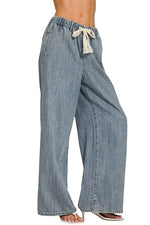 Drawstring Wide Leg Denim Pant