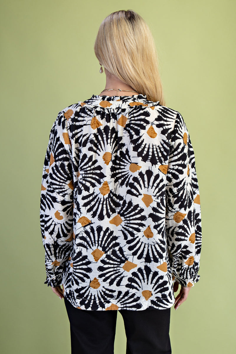 Tie-Dye Detail Ruffle Neck Top - Black