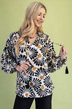 Tie-Dye Detail Ruffle Neck Top - Black