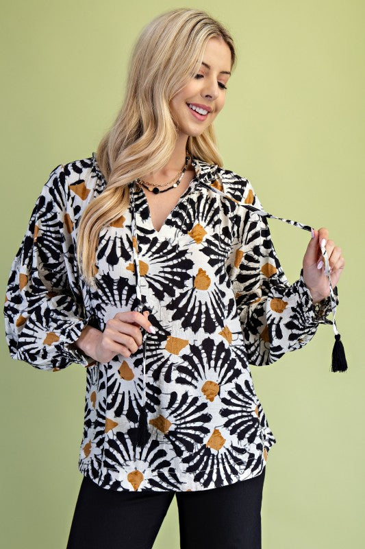 Tie-Dye Detail Ruffle Neck Top - Black