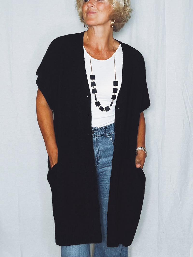 Oversize Button-Down Sweater Vest - Black