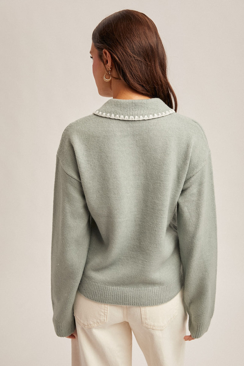 Embroidered Knit Polo Sweater - Winter Sage