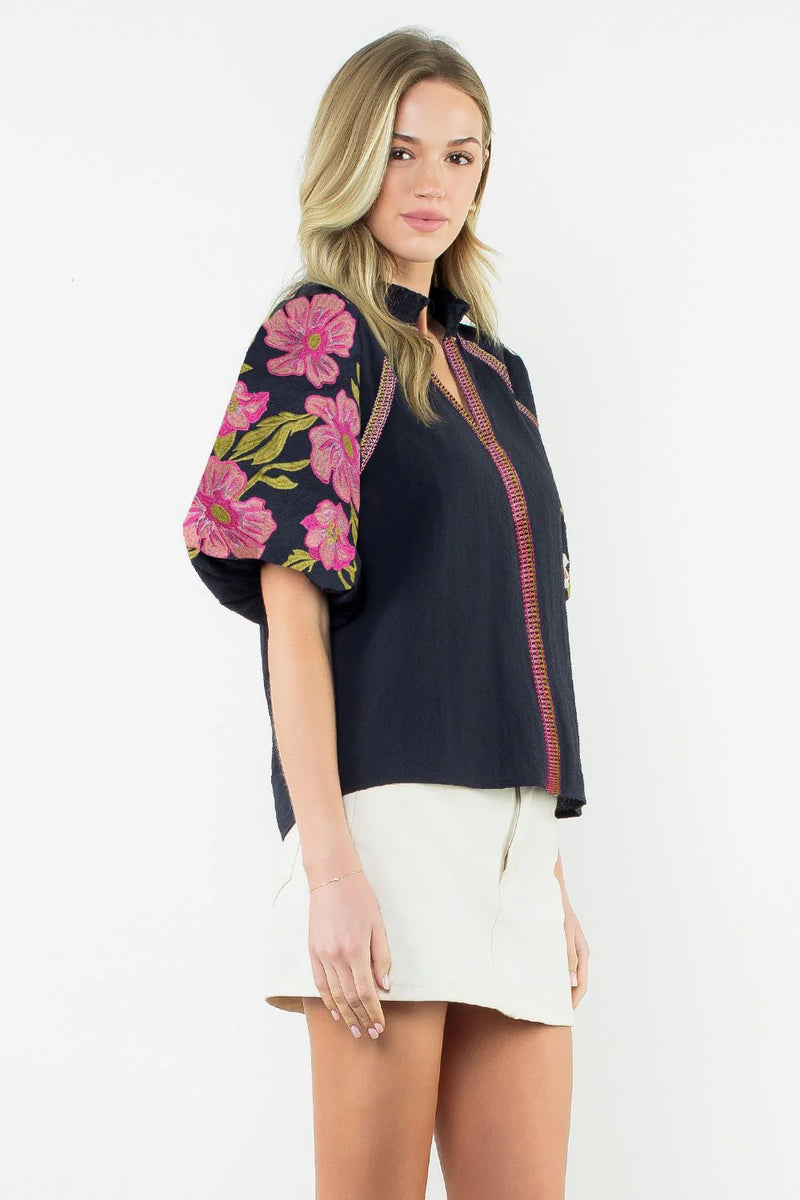 Embroidered Puff Sleeve Top - Black