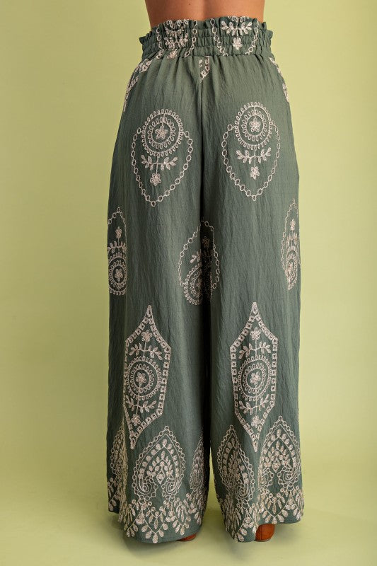 Embroidery Detail Wide Leg Pant - Olive