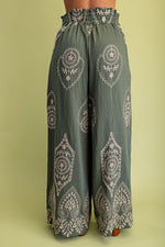 Embroidery Detail Wide Leg Pant - Olive