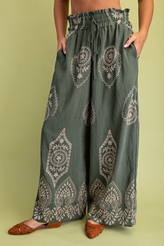 Embroidery Detail Wide Leg Pant - Olive