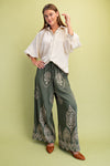 Embroidery Detail Wide Leg Pant - Olive
