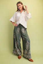 Embroidery Detail Wide Leg Pant - Olive