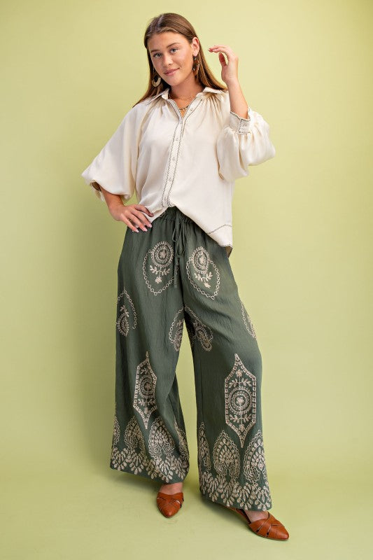 Embroidery Detail Wide Leg Pant - Olive