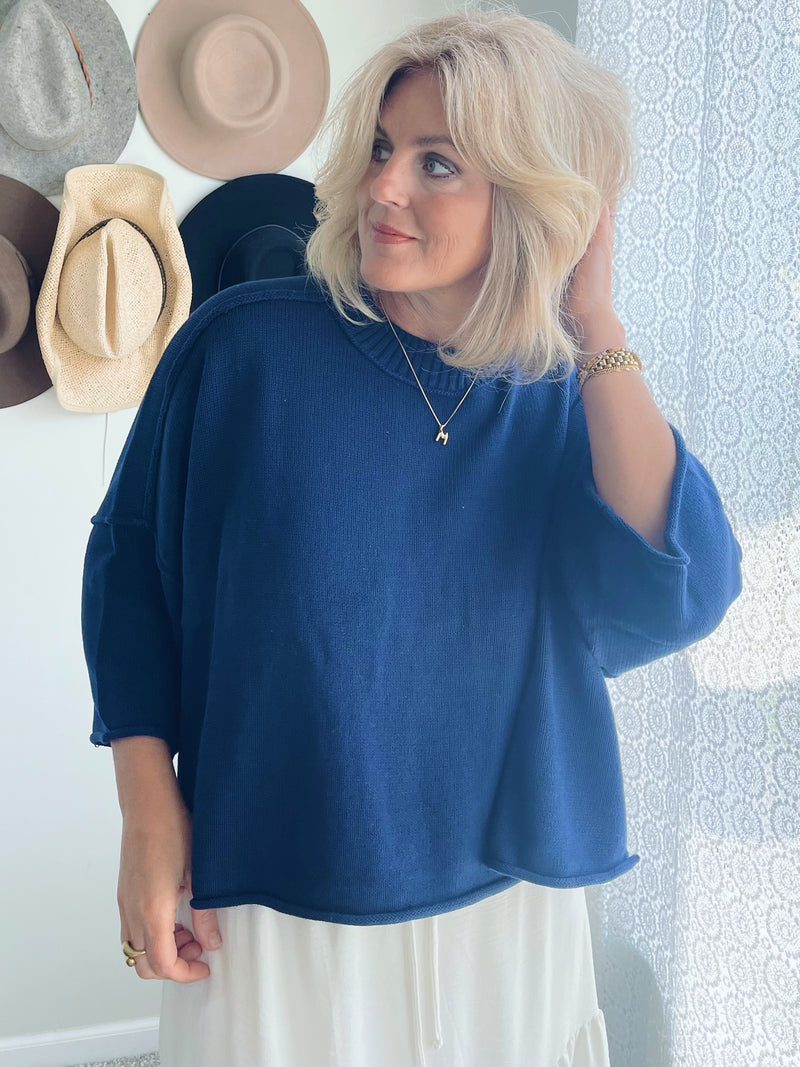 Solid Knit Exposed Seam Sweater - Navy