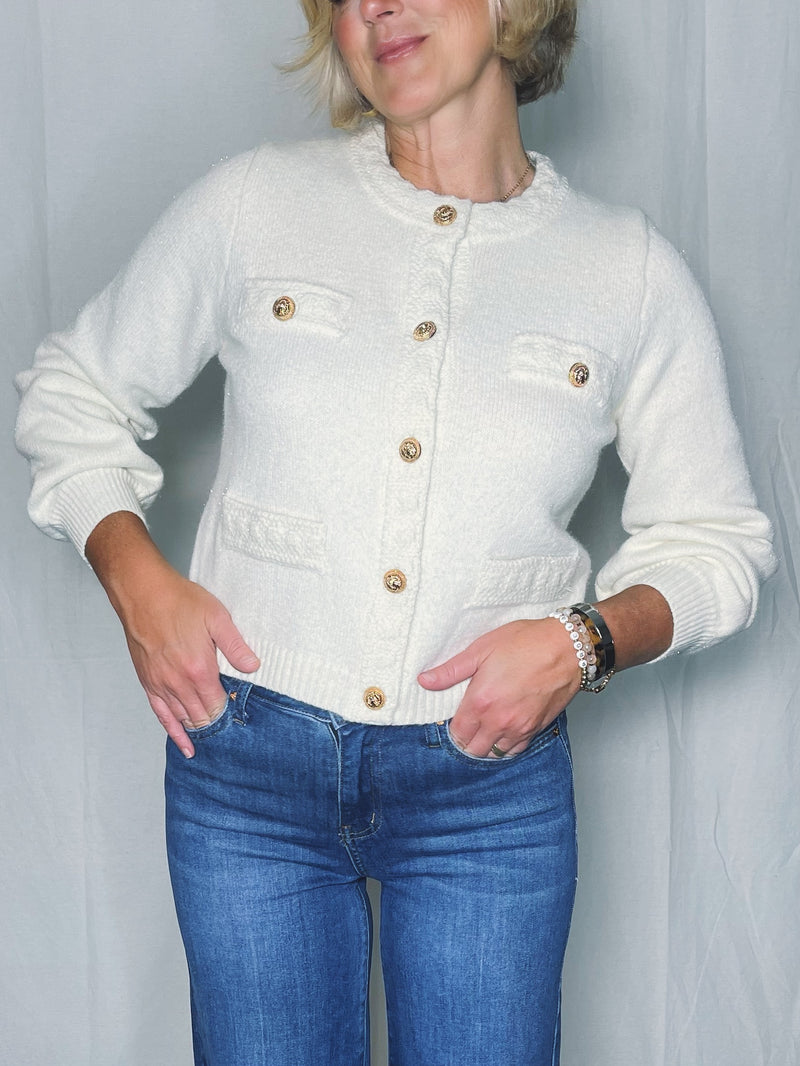 Shimmery Front Pockets Cardigan - Cream