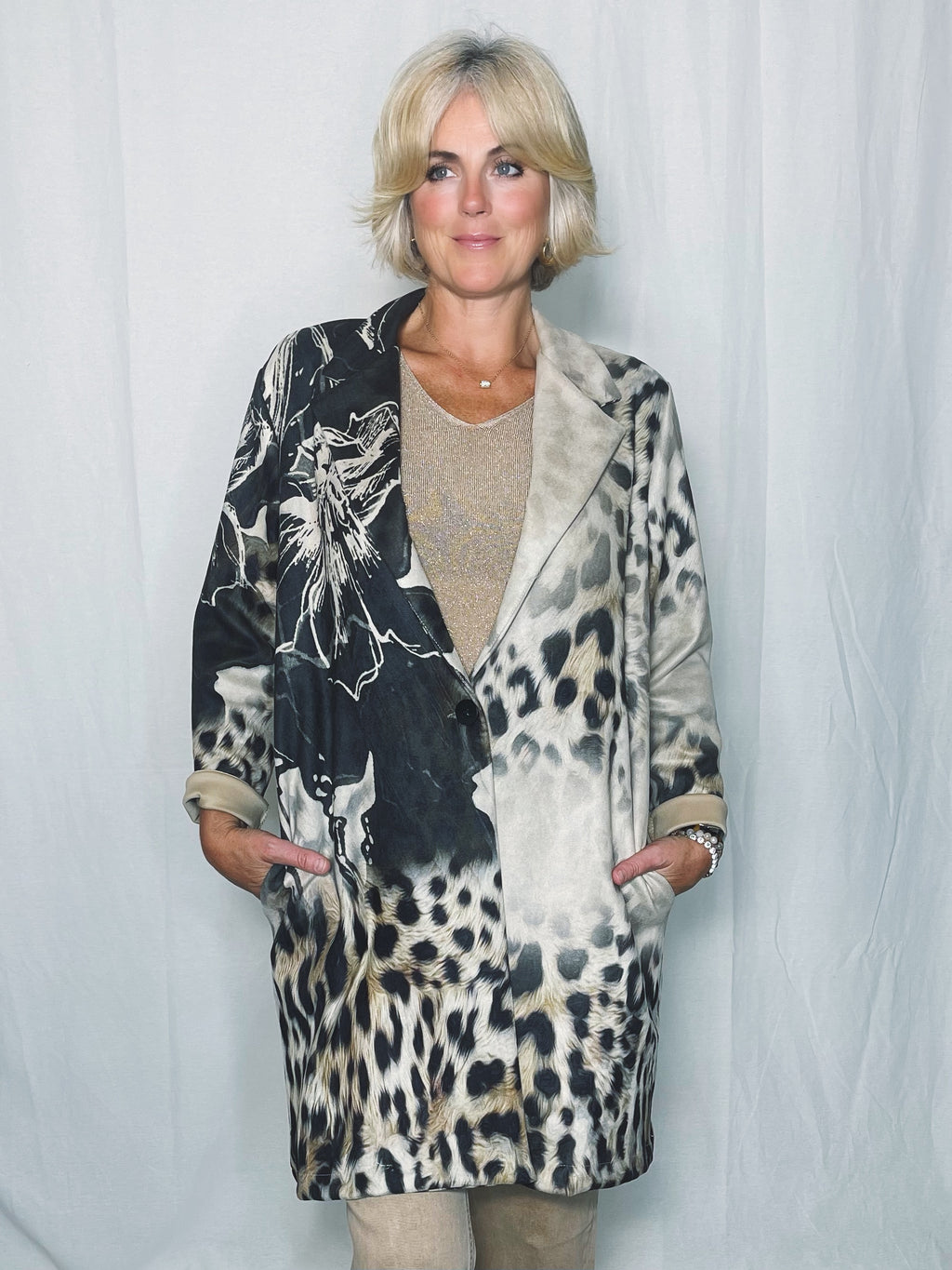 Leopard One Button Long Jacket - Mocha/Black