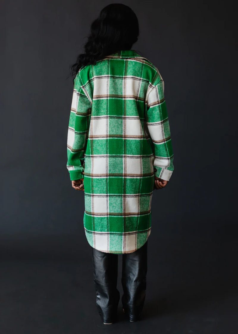 Long Plaid Flannel Coat - Green/Tan