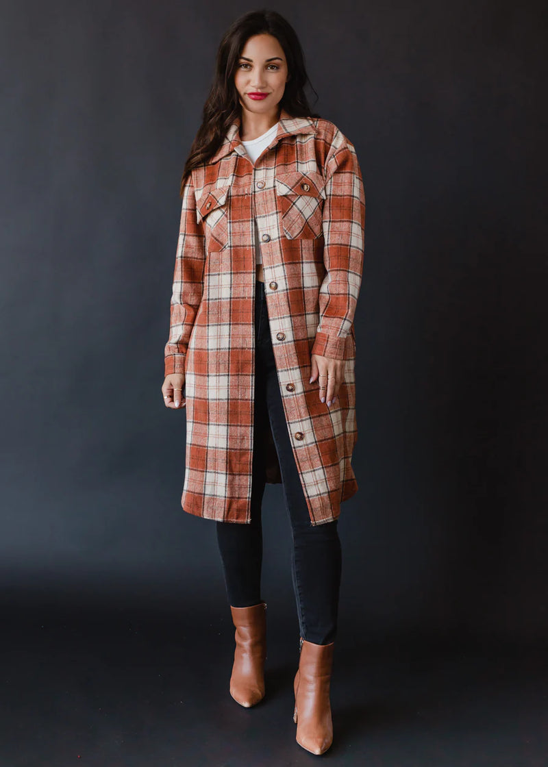 Long Plaid Flannel Coat - Rust/Tan