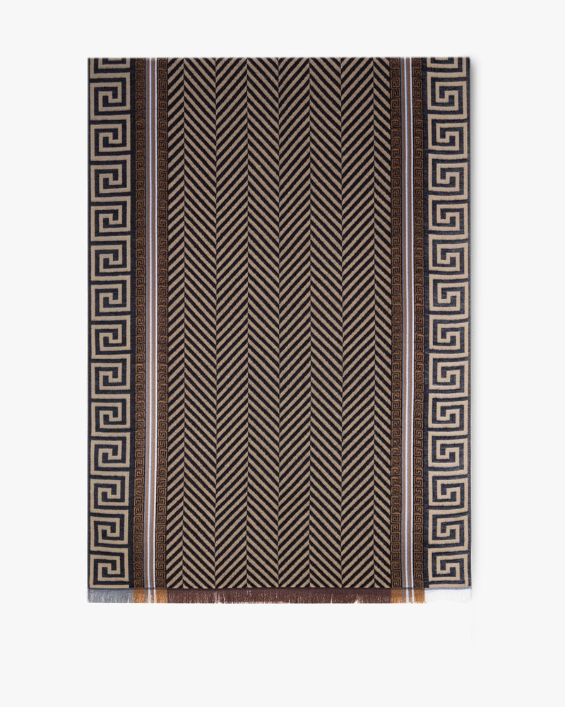 Herringbone Greek Key Border Scarf - Camel