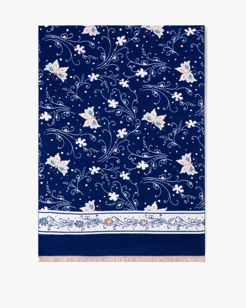 Butterflies & Flowers Ornate Scarf - Navy