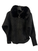 Faux Fur Collar Zip-up Cardigan - Black