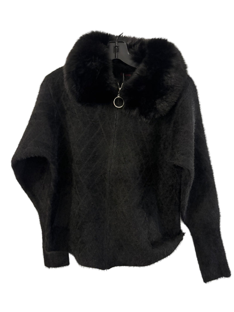 Faux Fur Collar Zip-up Cardigan - Black