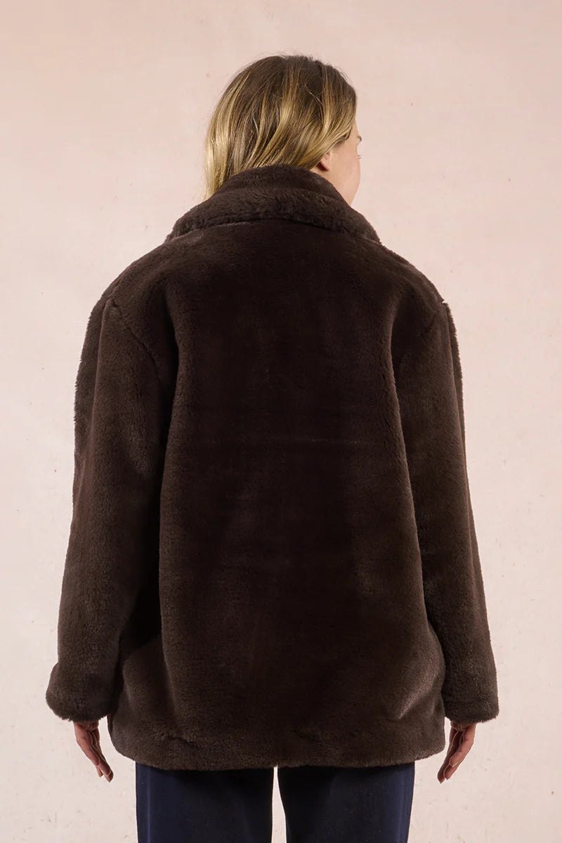 Faux Fur Double Breasted Coat - Espresso