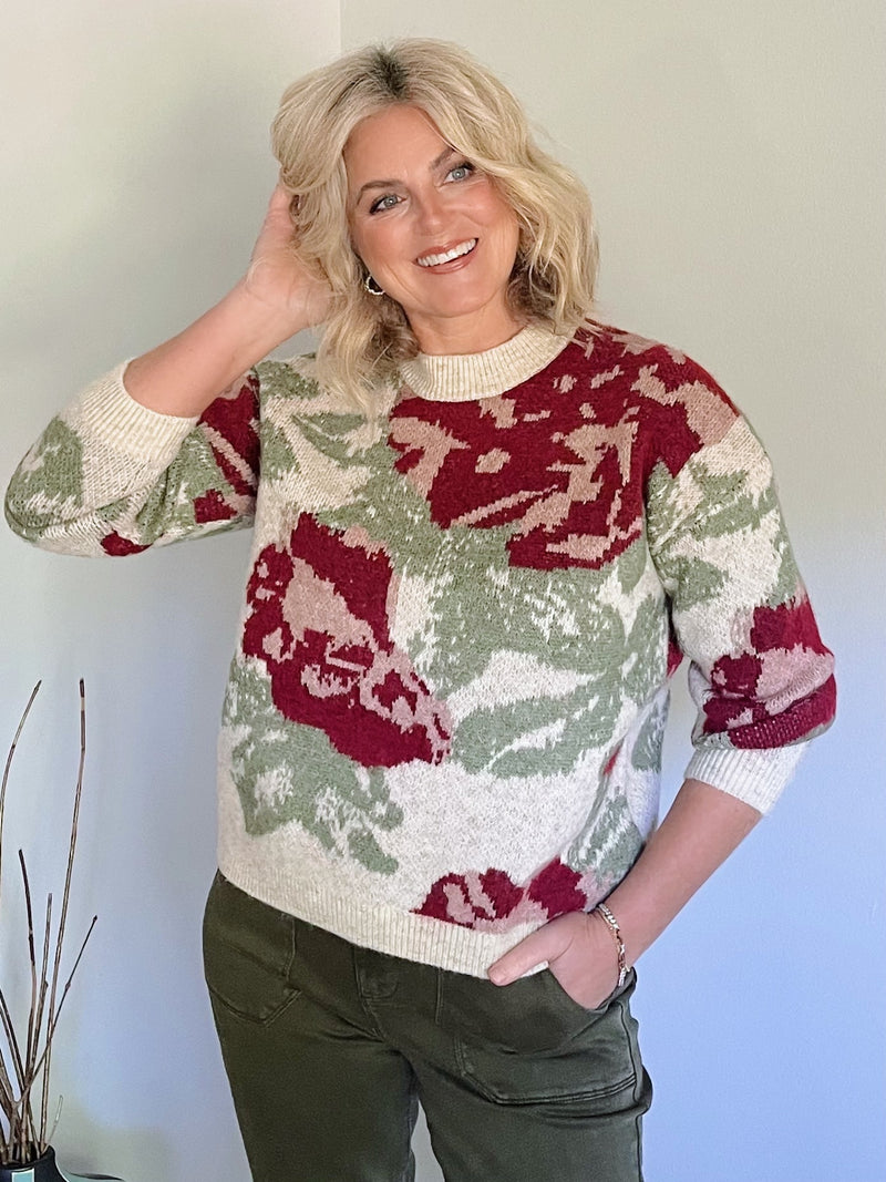 Flower Jacquard Sweater - Beige/Burgandy