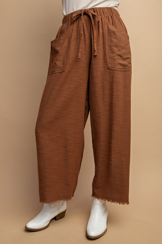 Frayed Hem Drawstring Pant - Brown