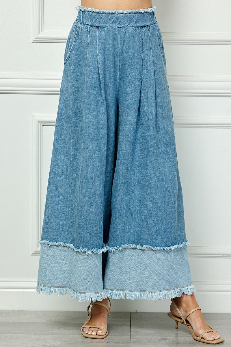 Fringe Detail Wide Leg Pant - Med. Denim