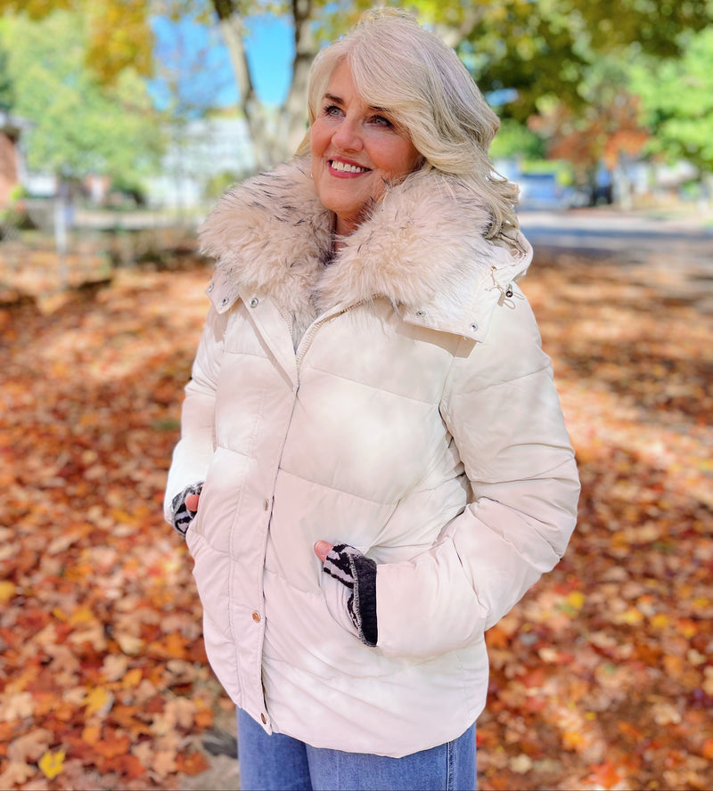 Fur Accent Puffer Jacket - Beige