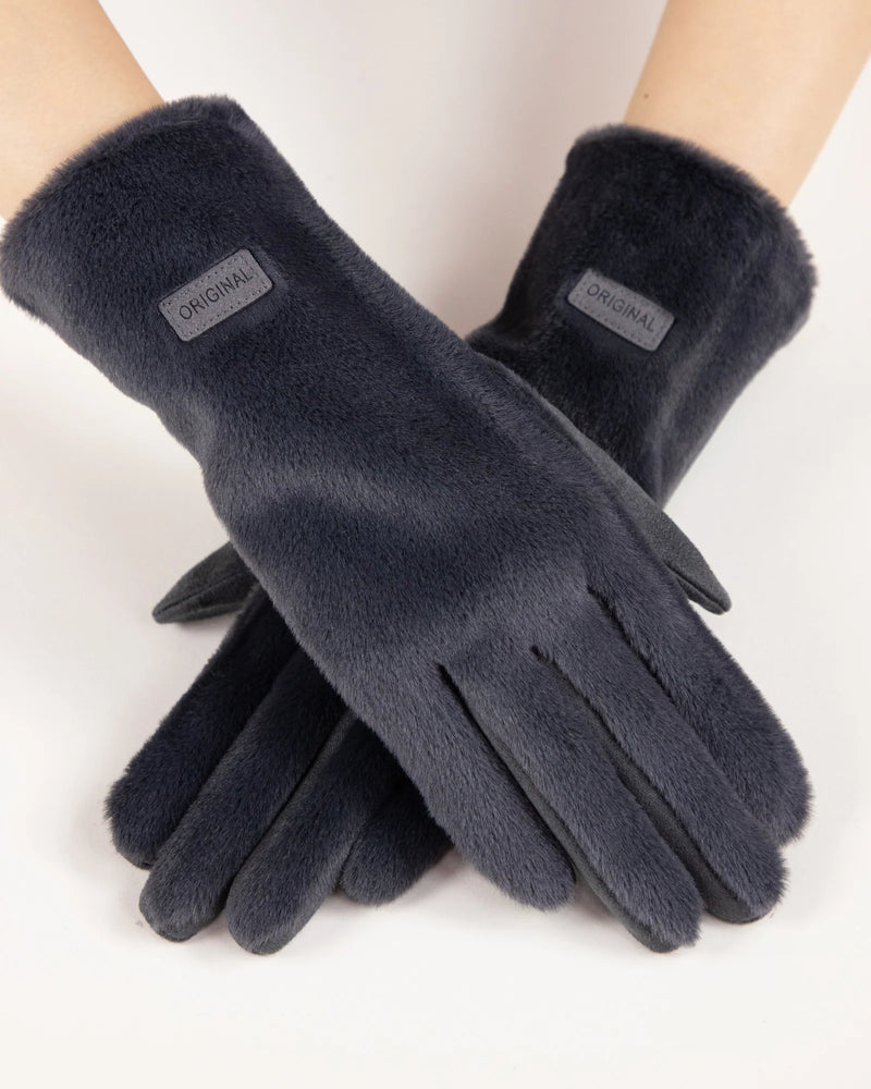 Faux Fur Logo Gloves - Gray