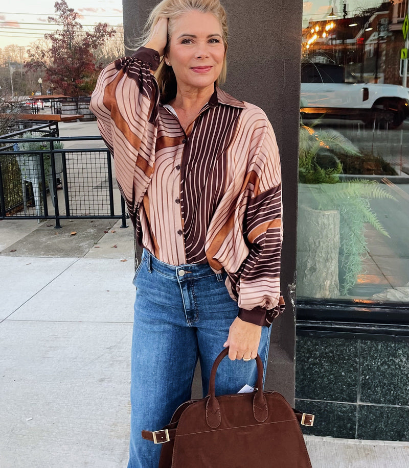 Geometric Print Batwing Sleeve Blouse - Brown