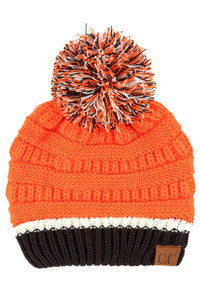 Pom Beanie Knit Hat - Orange/Black