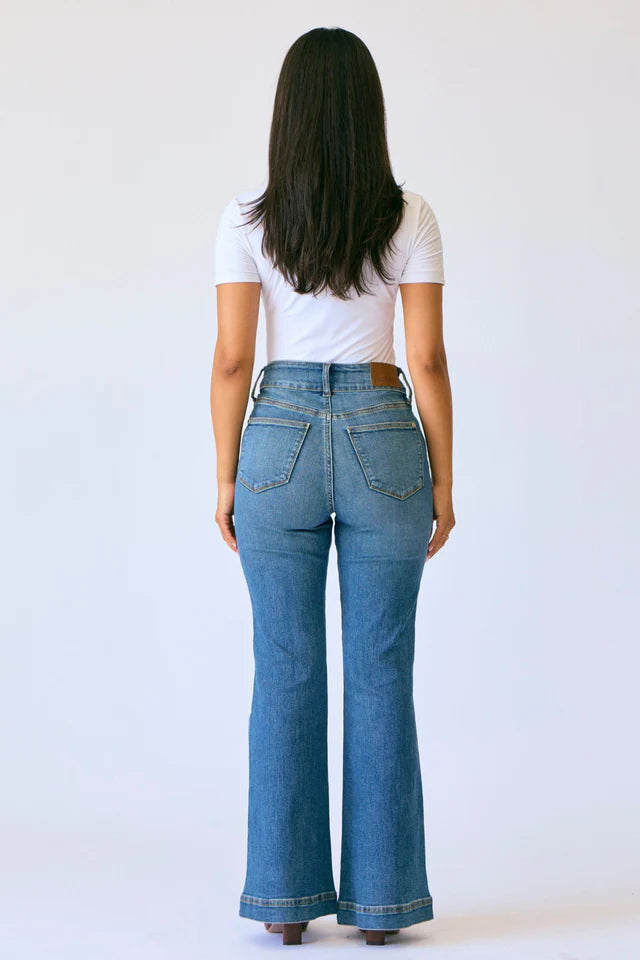 Petite - HW Flare Double Button Jean -  Med
