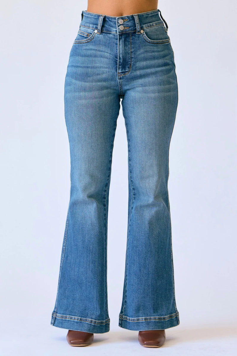 Petite - HW Flare Double Button Jean -  Med