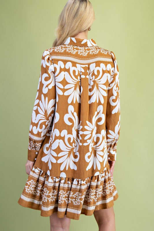 Half Button Bold Pattern Dress - Camel
