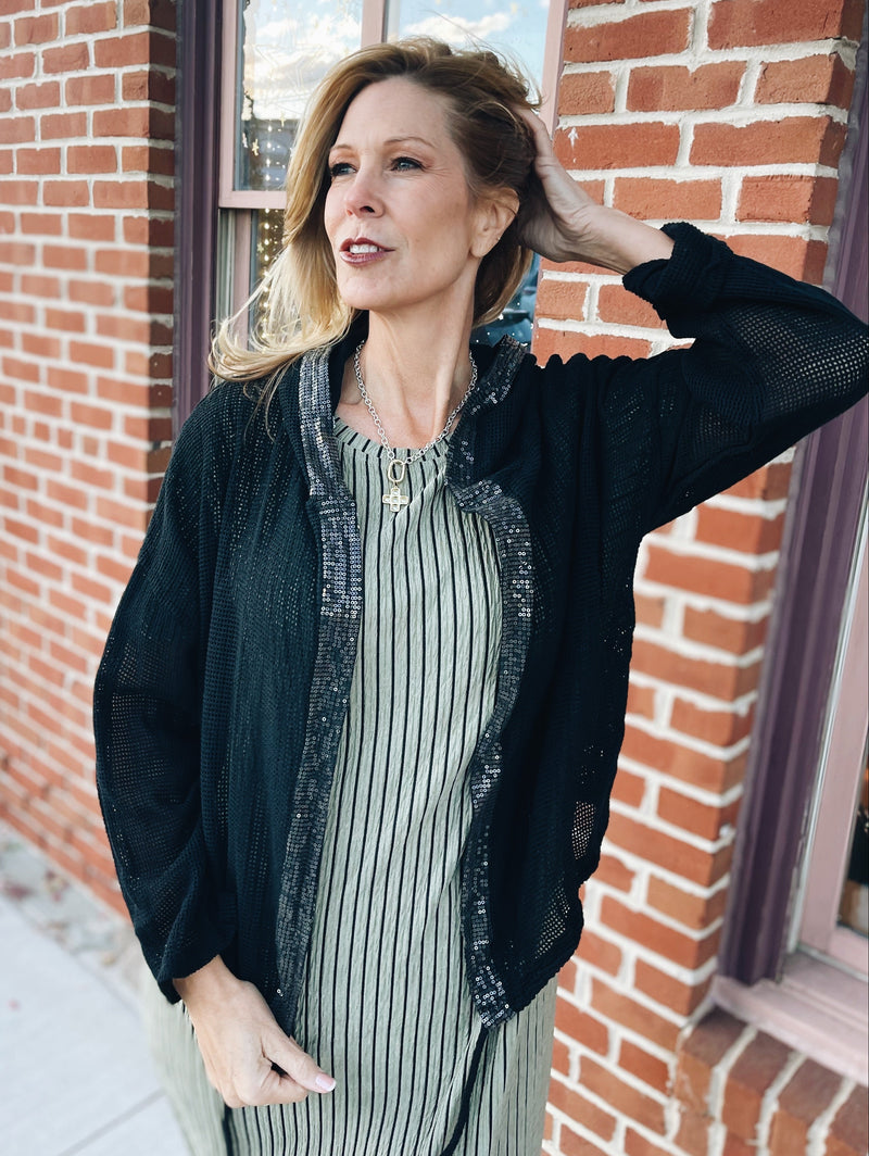 Hooded Mesh Sequins Cardigan - Black