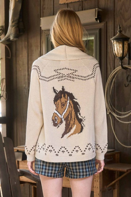 Horse Open Front Knit Cardigan - Ivory