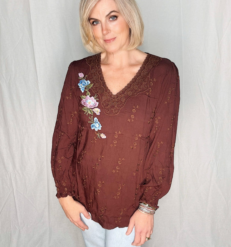 Eyelet V-Neck Embroidered Top - Chocolate