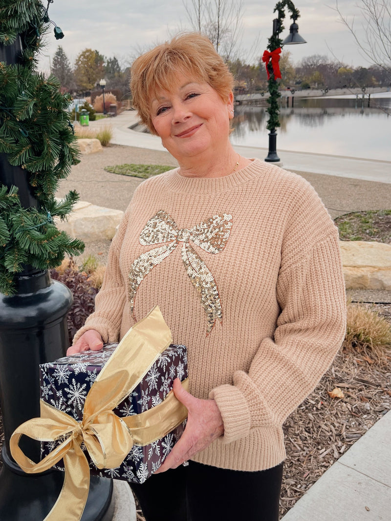 Ribbon Sequin Holiday Sweater - Gold