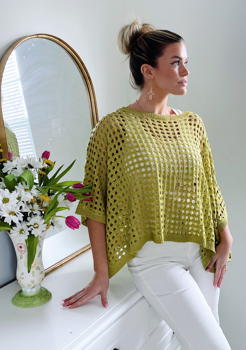 Open Knit Dolman Sleeve Top - Avocado