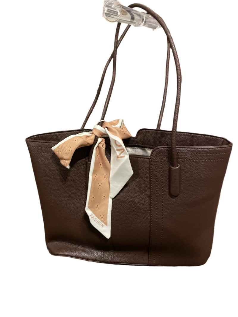 Vegan Leather LG Tote w/Scarf  - Brown